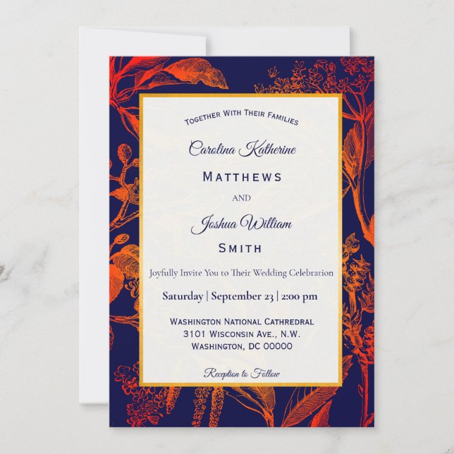 Invitación Naranja de la Marina Moderna deja a Boda floral (Anverso)