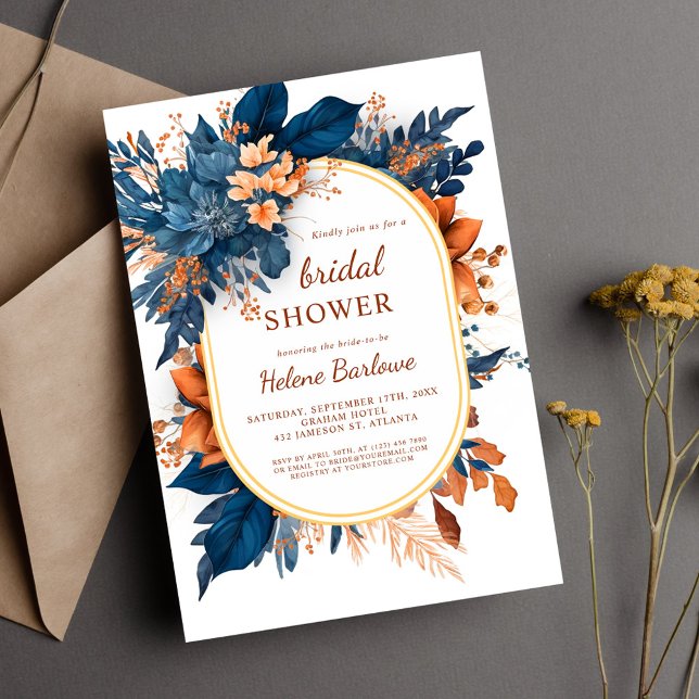 Invitación Naranja de la Marina Moderna Elegante Ducha Bridal (Navy Orange Modern Elegant Floral Bridal Shower Invitation)