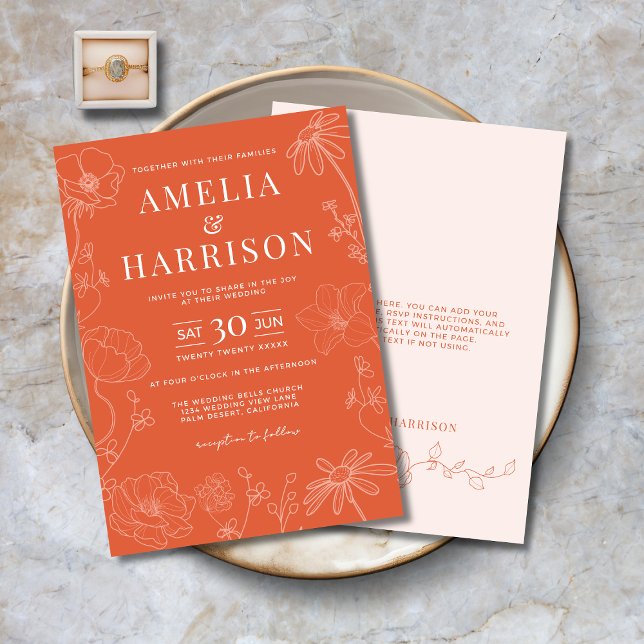 Invitación Naranja de la puesta del sol Boda elegante (Sunset Orange Elegant Wedding Invitation with Delicate Flowers, Modern Typography, Spring, Summer.)