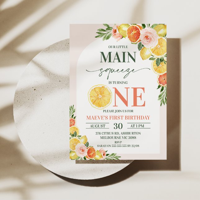 Invitación Naranja de limón floral Nuestro principal apretón  (Our main squeeze is turning one 1st birthday invitation featuring lemons, oranges and flowers.)