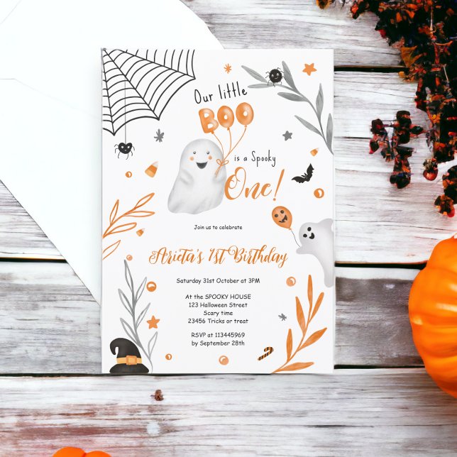 Invitación Naranja de Little Boo Halloween asusta primer cump (Little Boo Halloween orange spooky 1st birthday Invitation)