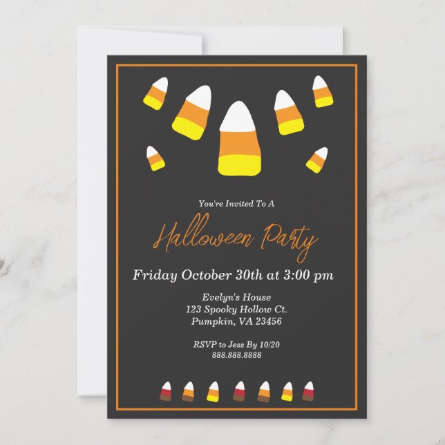 Invitación Naranja de maíz dulce fiesta de Halloween negro (Anverso)