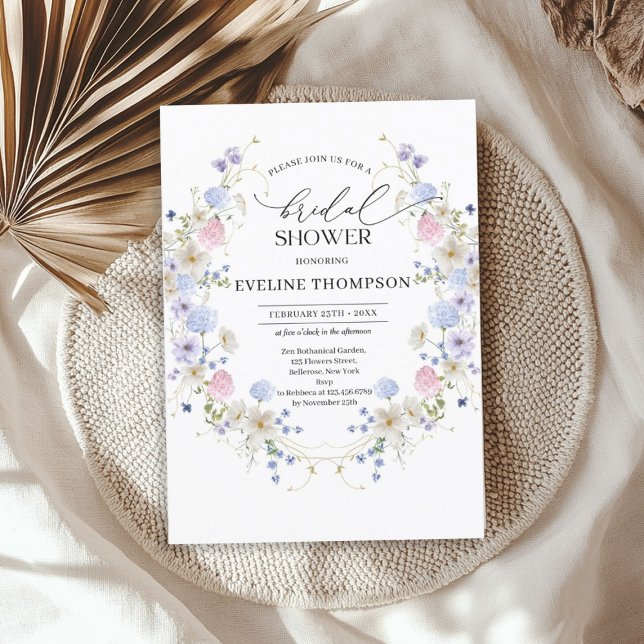 Invitación Naranja de manantial azul azul flores silvestres r (Watercolor spring blue pink wildflowers wreath invitation)