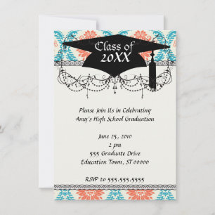 Invitación naranja de mandarina y damasco ornamental azul acu