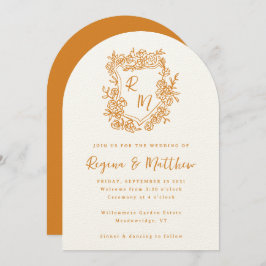 Invitación Naranja de mano Escudo floral Boda de monograma