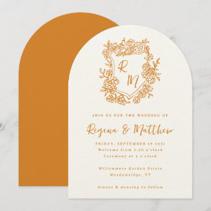 Invitación Naranja de mano Escudo floral Boda de monograma