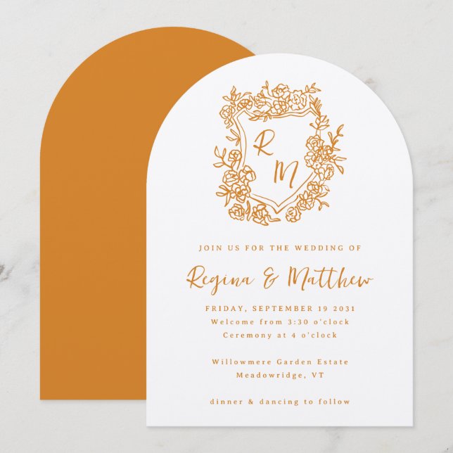 Invitación Naranja de mano Escudo floral Boda de monograma (Anverso / Reverso)