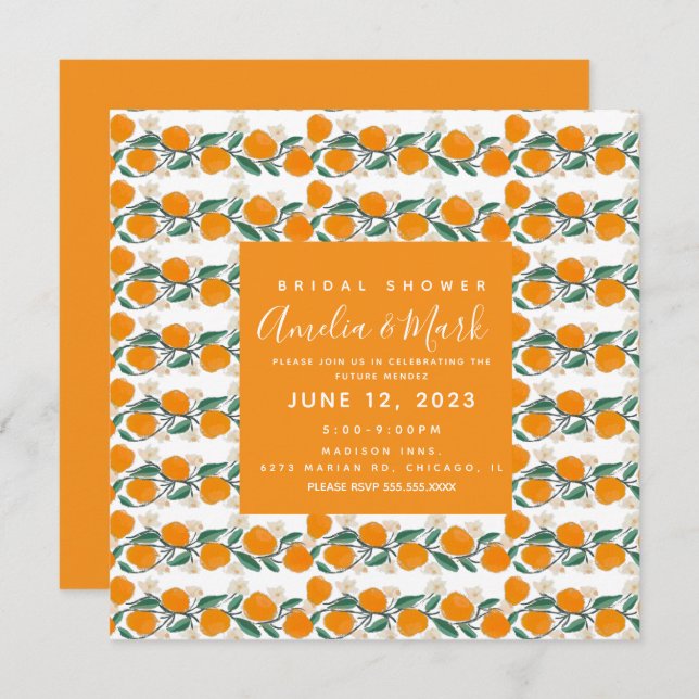 Invitación Naranja de mano Resumen botánico ducha de novia (Anverso / Reverso)