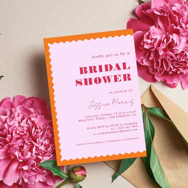 Invitación Naranja de marco ondulado retro ducha rosa y de no (Subido por el creador)