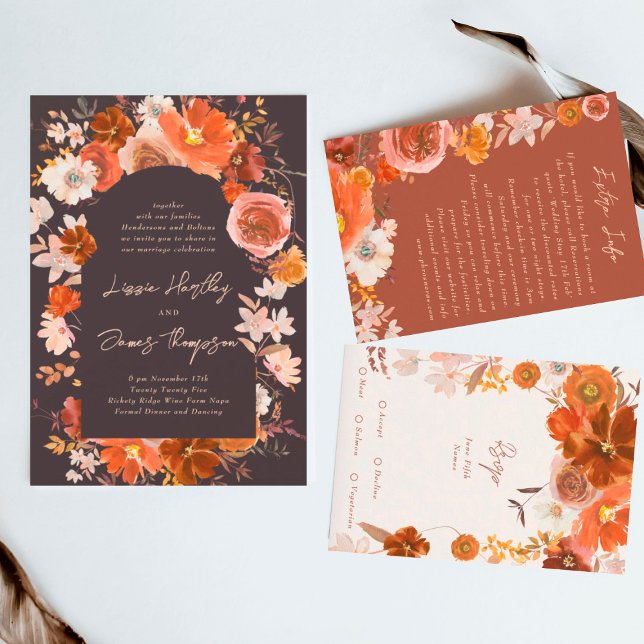 Invitación Naranja de medianoche Boda de acuarela botánica (Invitation showcasing suite - additional items (bought separately))