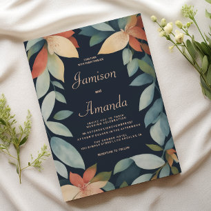 Invitación Naranja de menta tropical boda floral azul marino