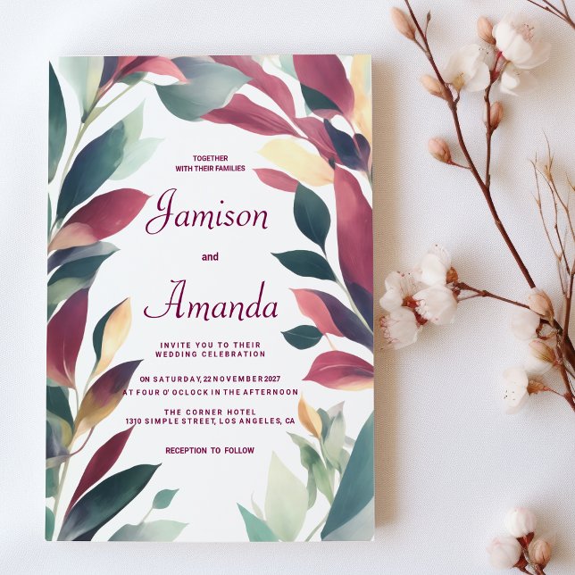 Invitación Naranja de menta tropical burgundy boda floral (Tropical mint orange burgundy floral wedding)