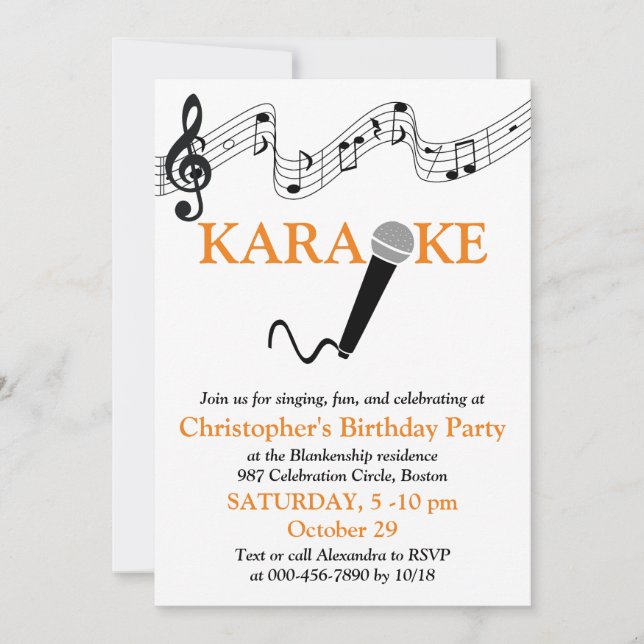 Invitación Naranja de micrófono a escala musical de Karaoke F (Anverso)
