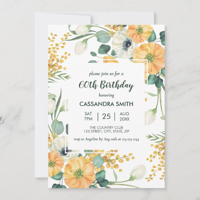 Invitación Naranja de moda Anemone Greenery Floral Cumpleaños (Anverso)