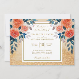 Invitación Naranja de moda Boda de acuarela floral