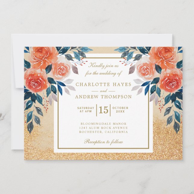 Invitación Naranja de moda Boda de acuarela floral (Anverso)