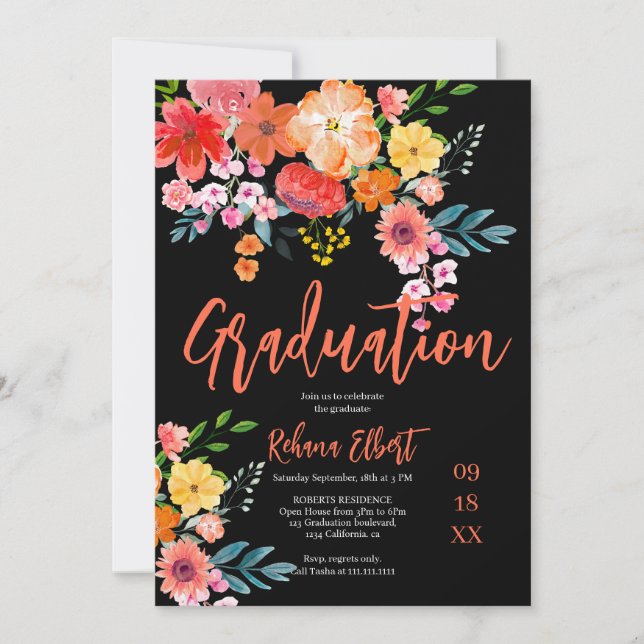 Invitación Naranja de Moda Boho Graduación Floral Foto (Anverso)