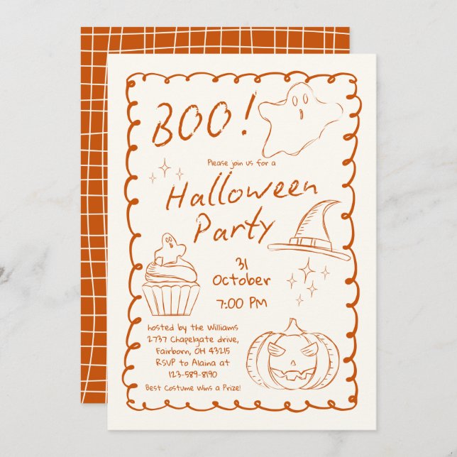 Invitación Naranja de moda dibujó sketchy fiesta de Halloween (Anverso / Reverso)
