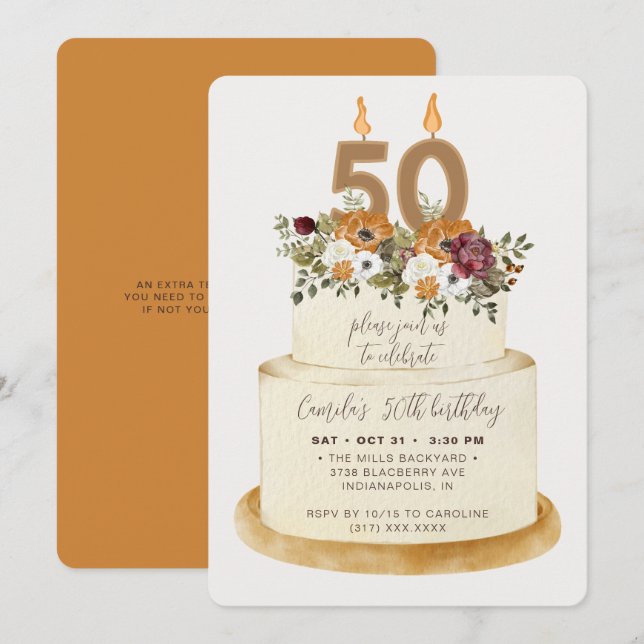 Invitación Naranja de moda otoño 50.º pastel de cumpleaños (Anverso / Reverso)