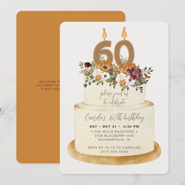Invitación Naranja de moda otoño 60º pastel de cumpleaños (Anverso / Reverso)