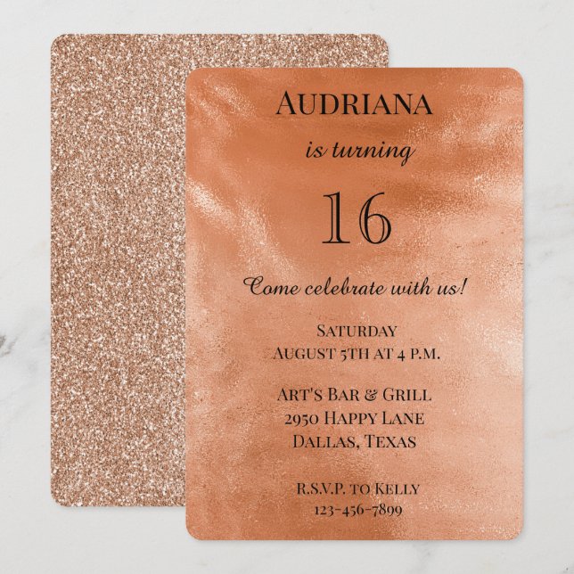 Invitación Naranja de moda Peach Spice Glam Purpurina Cumplea (Anverso / Reverso)