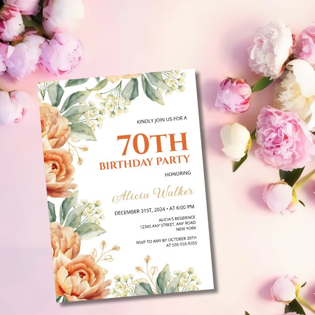 Invitación Naranja de moda Peony Gold Leaf Greenery Cumpleaño (Subido por el creador)