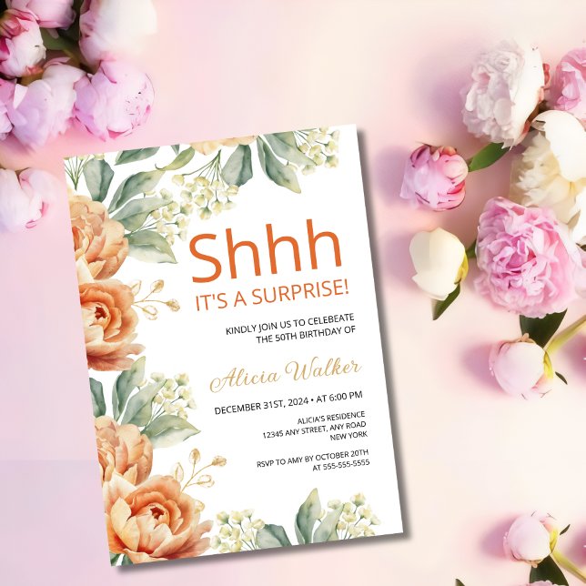 Invitación Naranja de moda Peony Gold Leaf Surprise Cumpleaño (Subido por el creador)