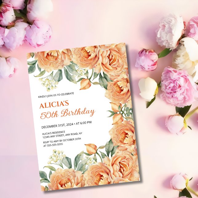 Invitación Naranja de moda Peony Rústico Floral Verdor Cumple (Subido por el creador)