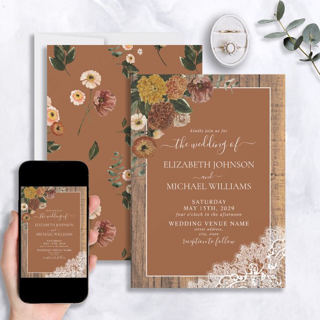 Invitación Naranja de moda quemado Boda de guiones de madera  (Subido por el creador)