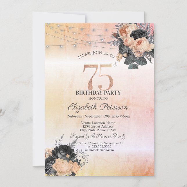 Invitación Naranja de moda Rosas String Lights 75th Birthday (Anverso)