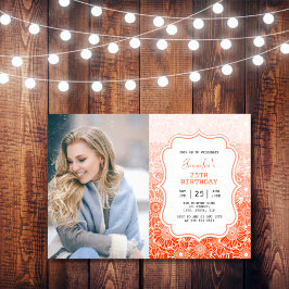 Invitación Naranja de moda Stripes Floral Frame Photo Cumplea