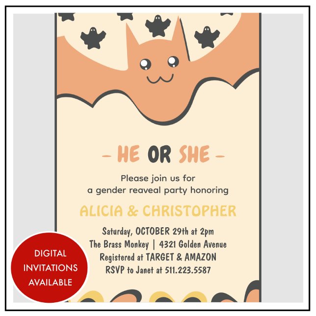 Invitación Naranja de murciélago lindo El o ella revelan géne (Cute-bat-Orange-He-or-She-Halloween-gender-reveal-Invitation-1)