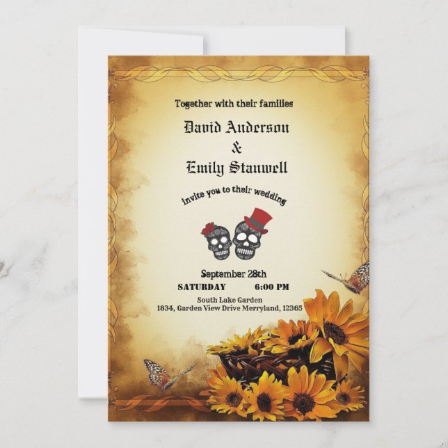 Invitación Naranja de Oro Boda de Halloween con girasol gótic (Anverso)