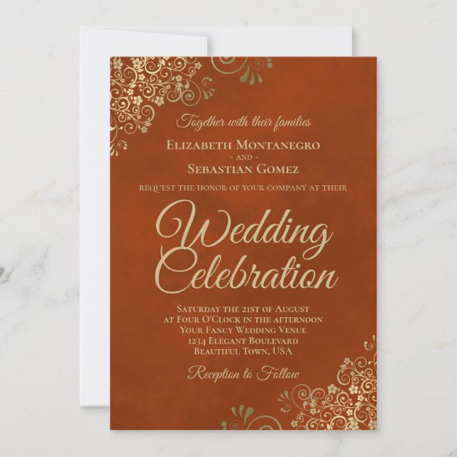 Invitación Naranja de oro elegante Boda de código QR (Anverso)