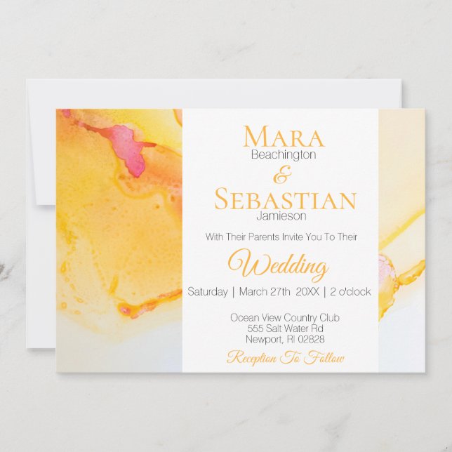 Invitación *~* Naranja de oro Fuchsia Watercolor Boda (Anverso)