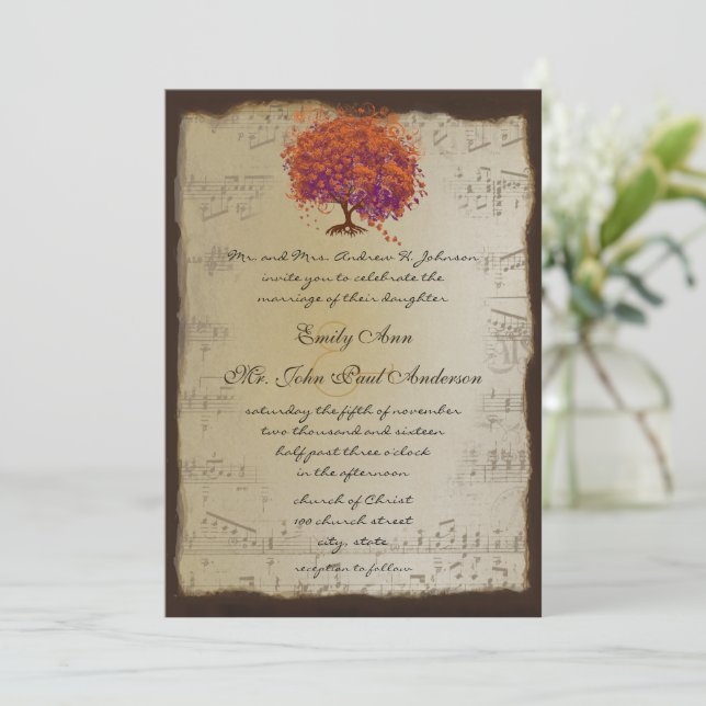 Invitación Naranja de oro musical Plum Bodas de árbol de hoja (Anverso de pie)