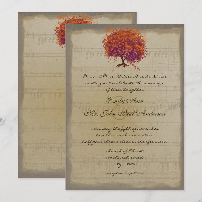 Invitación Naranja de oro musical Plum Bodas de árbol de hoja (Anverso / Reverso)