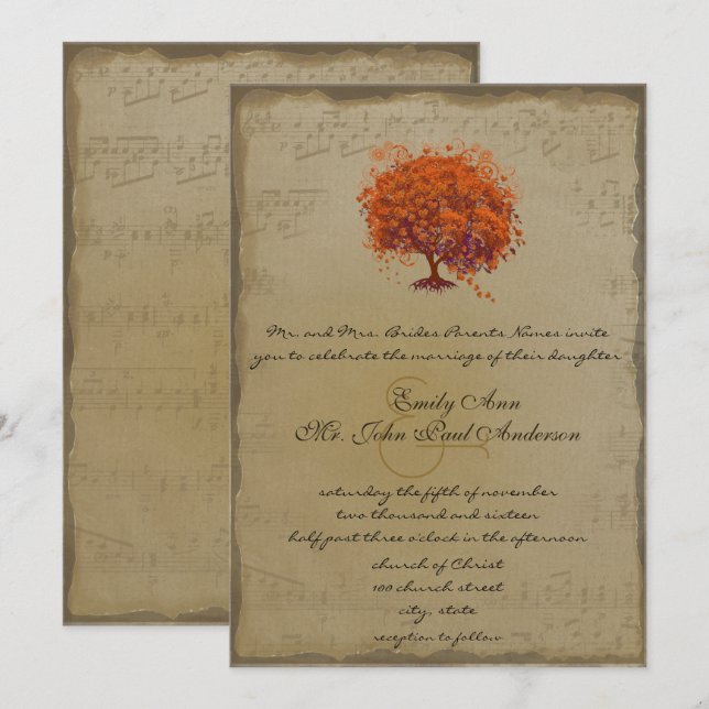 Invitación Naranja de oro musical Plum Bodas de árbol de hoja (Anverso / Reverso)
