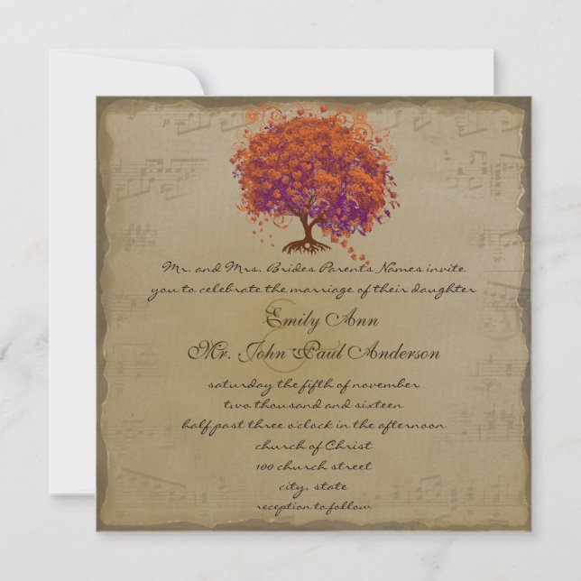 Invitación Naranja de oro musical Plum Bodas de árbol de hoja (Anverso)