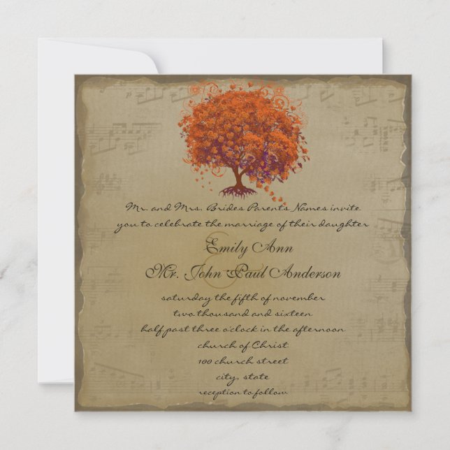 Invitación Naranja de oro musical Plum Bodas de árbol de hoja (Anverso)