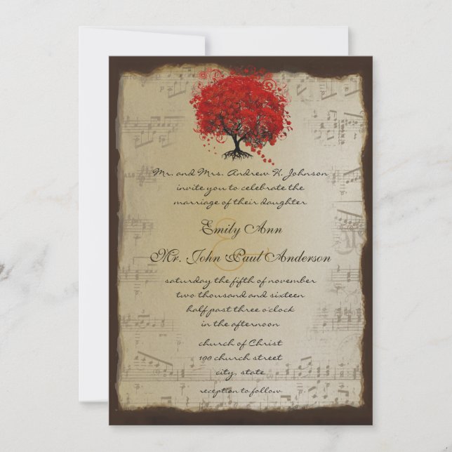Invitación Naranja de oro musical Plum Bodas de árbol de hoja (Anverso)