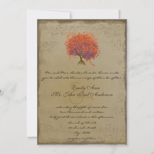 Invitación Naranja de oro musical Plum Bodas de árbol de hoja (Anverso)
