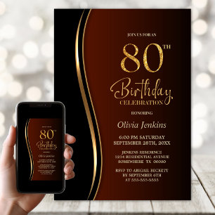 Invitación Naranja de Oro Negro quemado 80 cumpleaños