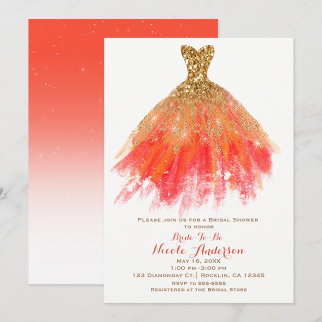 Invitación Naranja de oro Purpurina Glam Vestido Cae Ducha de (Anverso / Reverso)