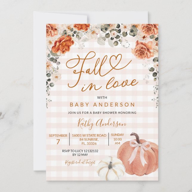 Invitación Naranja De Otoño Gingham Pumpkin Baby Shower (Anverso)