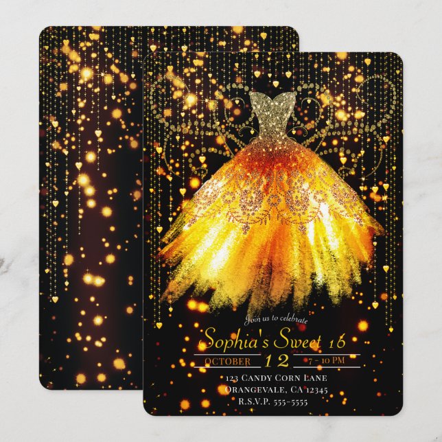 Invitación Naranja de otoño Purpurina de oro negro vestido du (Anverso / Reverso)