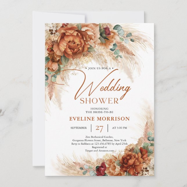 Invitación Naranja de pampas de palmas quemado en terracota d (Anverso)