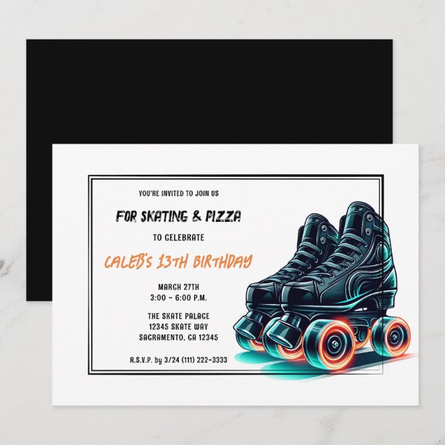 Invitación Naranja de patinaje negro fiesta de cumpleaños bri (Anverso / Reverso)