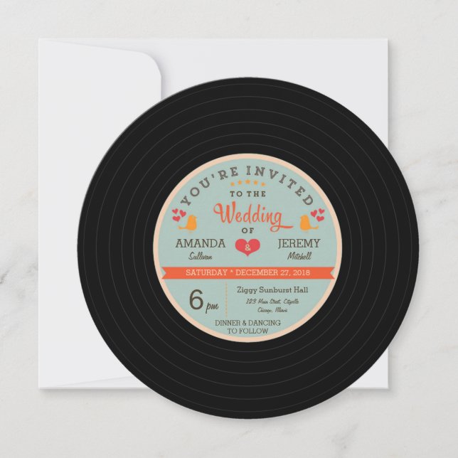 Invitación Naranja de registro de vinilo retro moderno Boda a (Anverso)