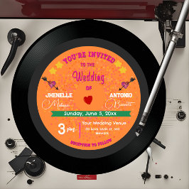 Invitación Naranja de registro de vinilo retro moderno y Boda